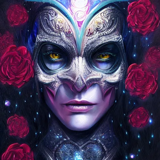 Image similar to Very very very very highly detailed mystic, enigmatic, strange portrait of a phantom warrior with galaxy, roses, shark's teeth by Artgerm, intricate, extremely detailed, digital painting, artstation, concept art, smooth, sharp focus, illustration, intimidating lighting, incredible art,