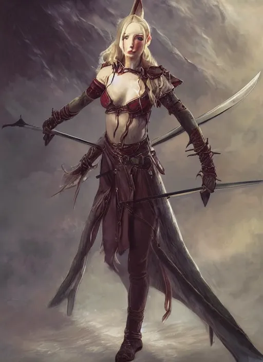 Image similar to female elf armed with two long swords, in the style of tolkien, fantasy art, dramatic lighting, highly detailed oil painting