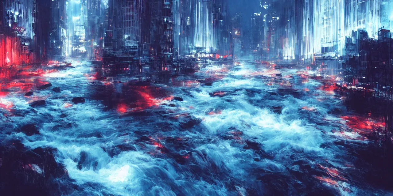 Prompt: street level view of turbulent river rapids rushing through a city at night , volumetric lighting, blue and red glowing lights, 4k, octane, digital painting, artstation, concept art, sharp focus, illustration, high contrast, high saturation , cinematic film still, by Jeremy Mann