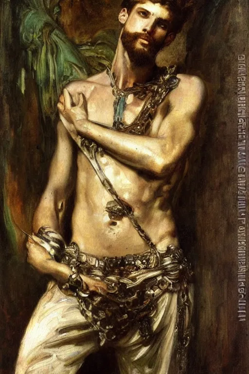 Image similar to attractive male, painting by gustave moreau, j. c. leyendecker