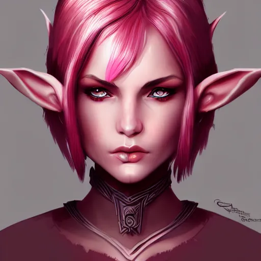 Image similar to half elf woman, dungeons and dragons, beautiful, short pink hair, deep crimson eyes, digital art, smooth, character drawing, focused portrait, artstation, highly detailed, symmetry