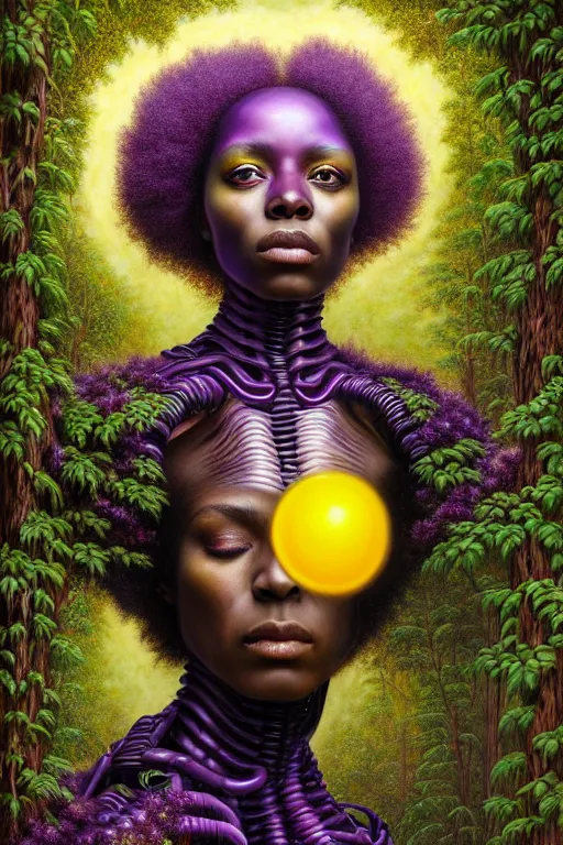 Prompt: hyperrealistic victorian super expressive! black woman with exoskeleton armor, merging with tree in a forest, highly detailed digital painting masterpiece smooth brad kunkle hannah yata dramatic pearlescent purple yellow light ground angle hd 8k sharp focus