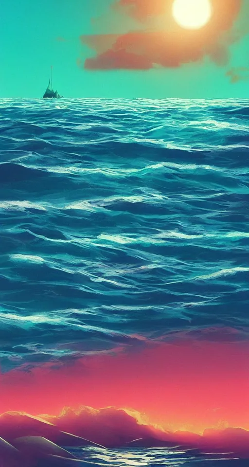 Image similar to Beautiful vaporwave ocean horizon, there is an alien planet in the distance over the horizon, viewed from the beach, digital art, trending on artstation, iphone wallpaper