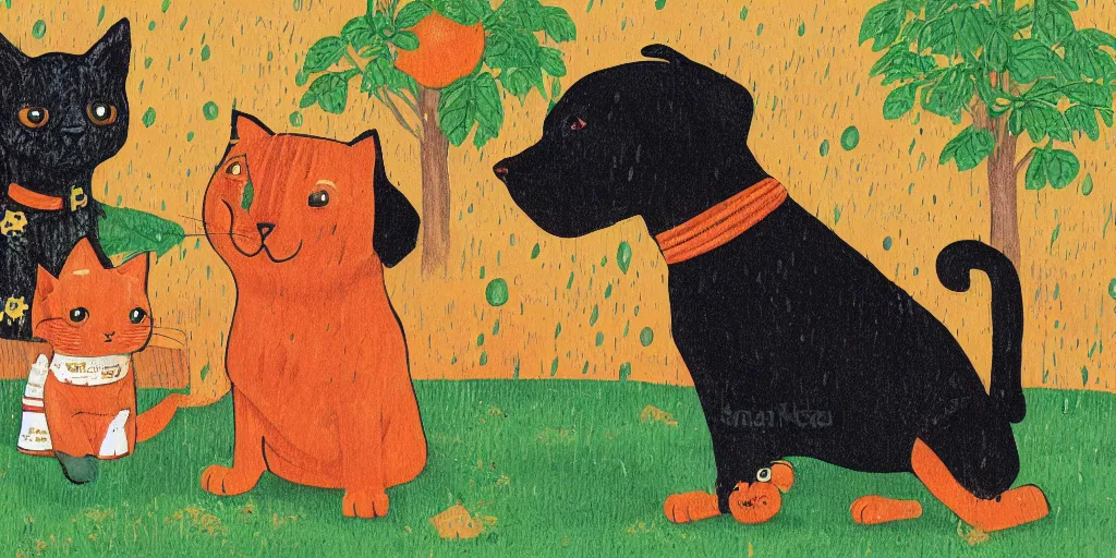 Prompt: a black dog and an orange tabby kitten standing in the rain by richard scarry