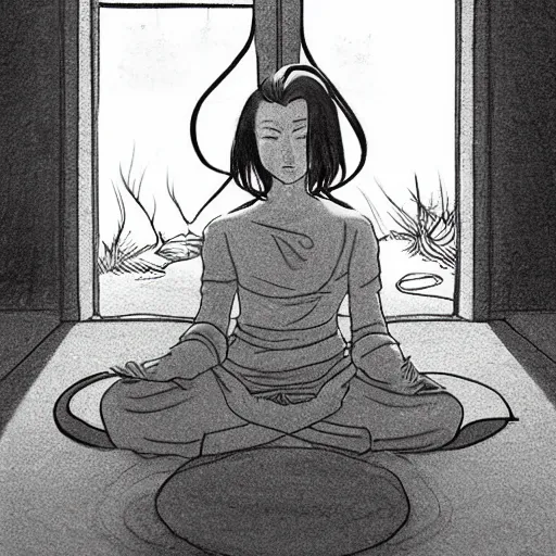 Image similar to of a takashi okazaki style pencil and ink manga drawing of scarlett johansson meditating in the middle of a dojo with dramatic moonlight coming in through the window.