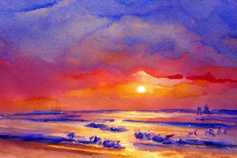 Prompt: afternoon on the beach at sunset. beautiful background, watercolor, parallax, acrylic art, oil on canvas, matte background, mixed media, trending on artstation