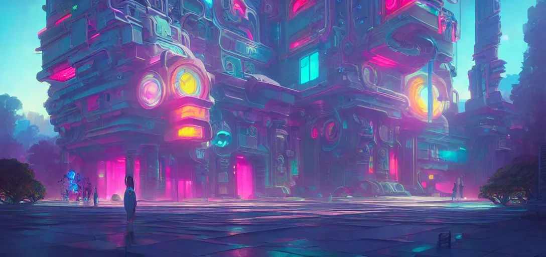 Image similar to street view of a cybernetic temple, vaporwave aesthetic, colorful, psychedelic, digital painting, artstation, concept art, smooth, sharp focus, illustration, art by artgerm and greg rutkowski and alphonse mucha