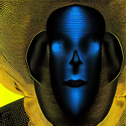 Image similar to human man that resembles a wasp morh in surreal sketch style, blue and yellow gradient, noise, ultrafine detail, hd 8k, logo illustration