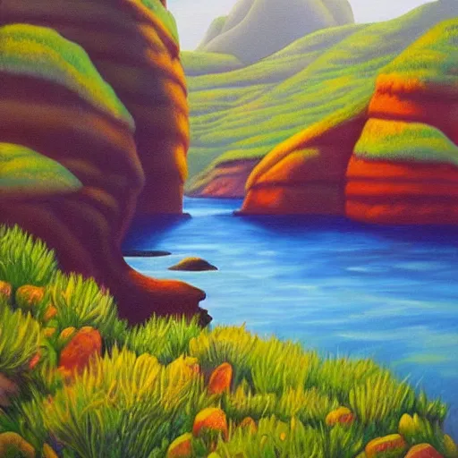 Prompt: painting of a lush natural scene on an alien planet by april gornik. beautiful landscape. colourful weird vegetation. cliffs and water.