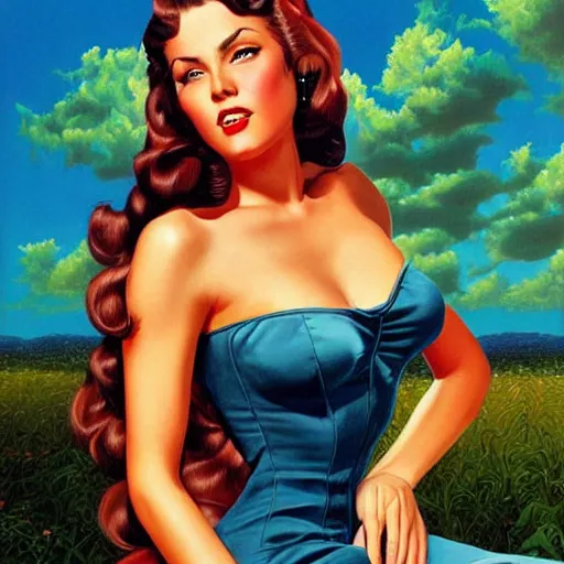 Prompt: long hair, ultra detailed, by greg hildebrandt fancy oil painting high quality clothed in pin up style