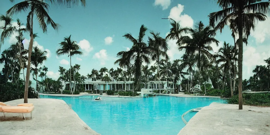 Image similar to hyperrealistic surreal defunct florida keys abandoned resort with palm trees around a pool, a surreal vaporwave liminal space, 1970s color kodak Kubrick film, anamorphic lenses