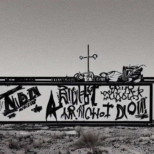 Image similar to “ nihilistic punk rock anarchist community in the desert, celshading, photorealism ”