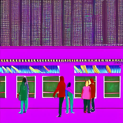 Prompt: people are gathering at a purple neon building, digital art, maddy style