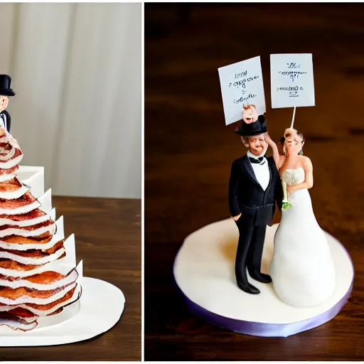 Image similar to a wedding cake made of bacon, professional food photo, bride and groom on top of the wedding cake,