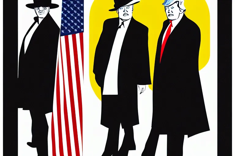 Image similar to poster matte shaded illustration of donald trump and donald trump wearing trench coats and big black hats starring in spy vs spy