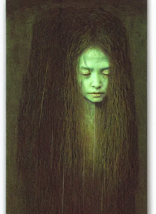 Image similar to girl with long hairs inside cage by Beksinski