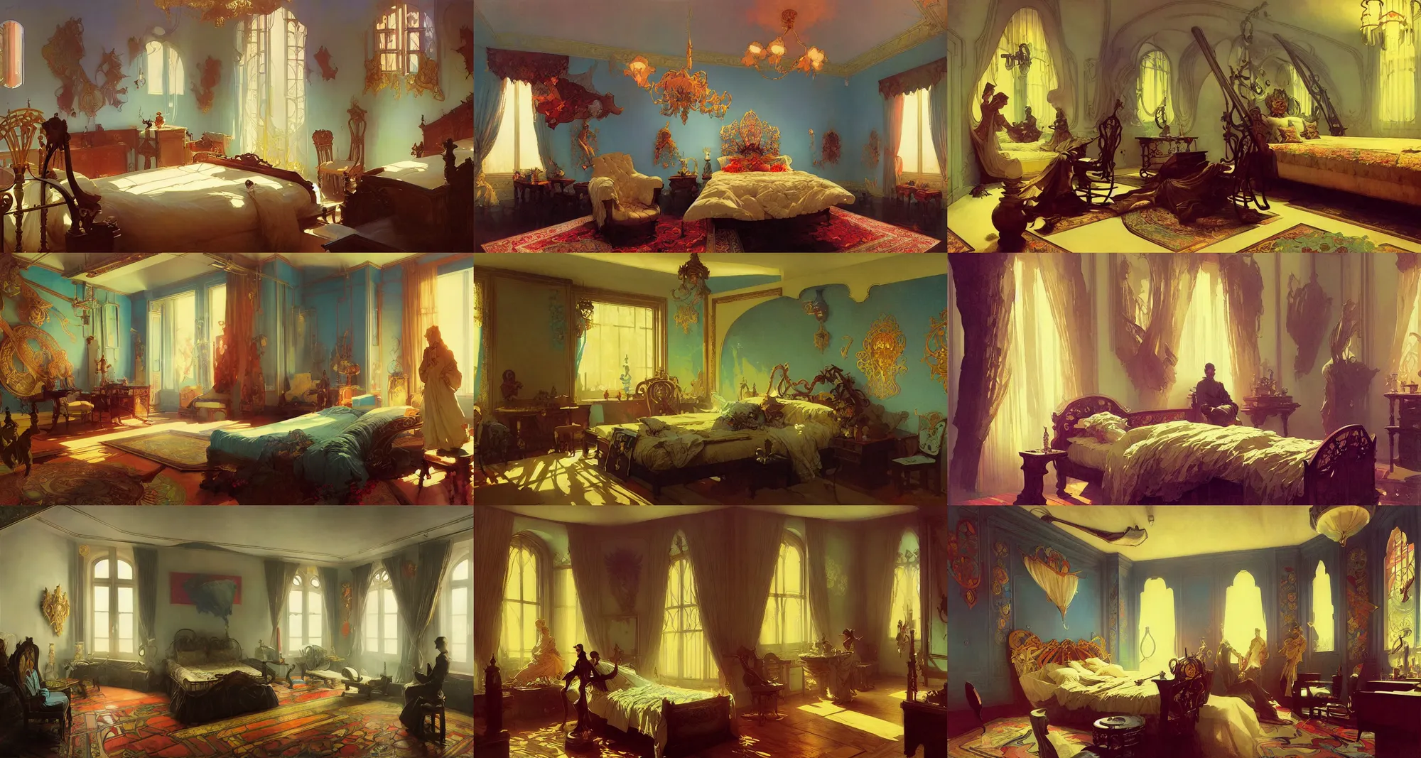 Prompt: bedroom, art nouveau, art by joseph leyendecker, peter mohrbacher, ivan aivazovsky, ruan jia, reza afshar, marc simonetti, alphonse mucha