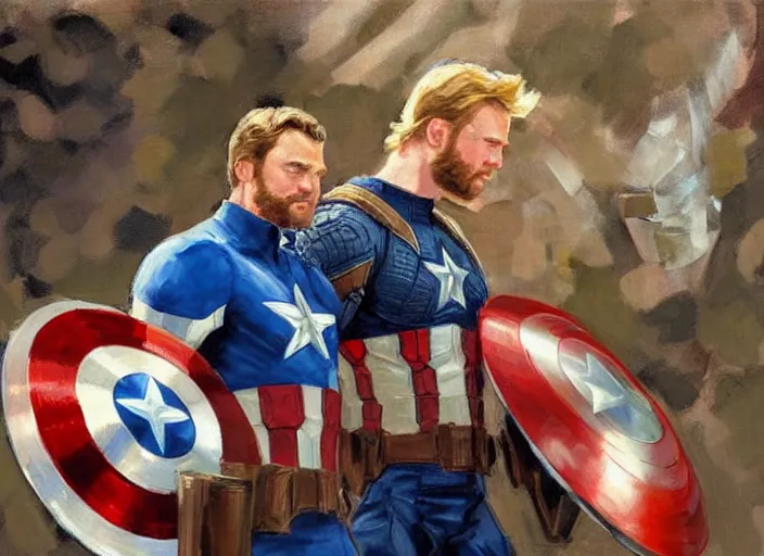 Prompt: a highly detailed beautiful portrait of captain america and thor sharing a moment, by gregory manchess, james gurney, james jean