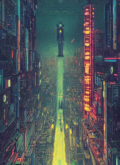 Prompt: a painting of a giant robot standing in front of a city, cyberpunk art by beeple art by gustav klimt, behance contest winner, nuclear art, dystopian art, apocalypse art, sci - fi