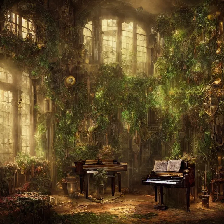 Prompt: a steampunk piano in a room covered with foliage, clockwork, somber melancholic matte painting, elegant oil painting, liminal space, 8k, stillness, solitude, warm lovely sentimental atmosphere, masterpiece