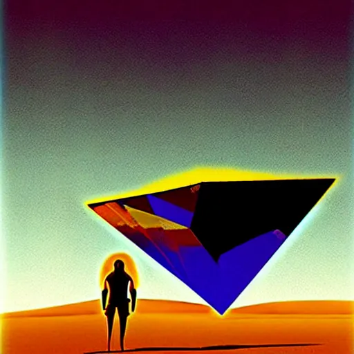 Image similar to poster big angular crystal in the desert, reflection from the crystal is sparkling due to sun, small starship near, futuristic, hi-tech details, style jean giraud