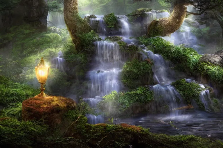 Image similar to An enchanted fantasy waterfall. Cinematic lighting. Photorealism.