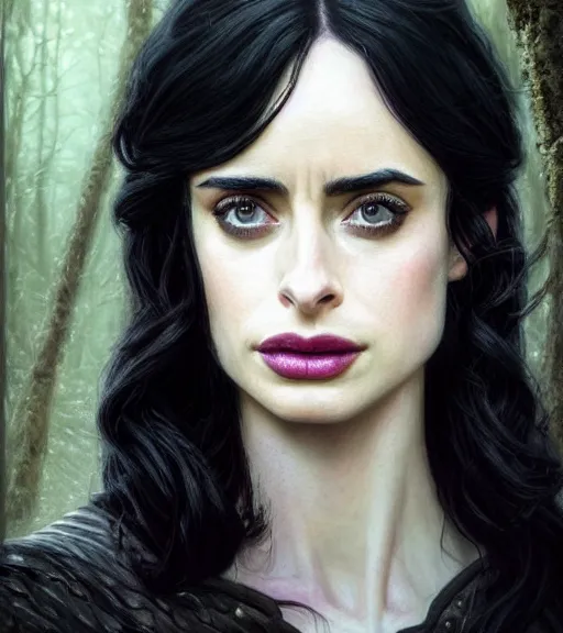 Image similar to 5 5 mm close up portrait photo of krysten ritter as yennefer of vengerberg in black leather armor and long black wavy hair and purple eyes, in a forest. magical atmosphere. art by greg rutkowski. lifelike. very detailed 8 k. intricate. soft light. nikon d 8 5 0.