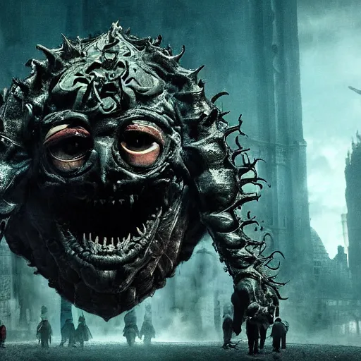 Image similar to A monster made by Guillermo del Toro movie scene