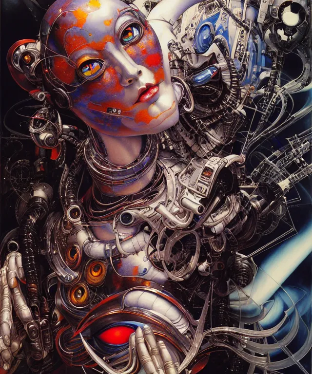 Prompt: realistic detailed image of futuristic cyborg-robot creating a painting with acrylic paint and brushes by Ayami Kojima, Amano, Karol Bak, Greg Hildebrandt, and Mark Brooks, Neo-Gothic, gothic, rich deep colors. Beksinski painting, part by Adrian Ghenie and Gerhard Richter. art by Takato Yamamoto. masterpiece