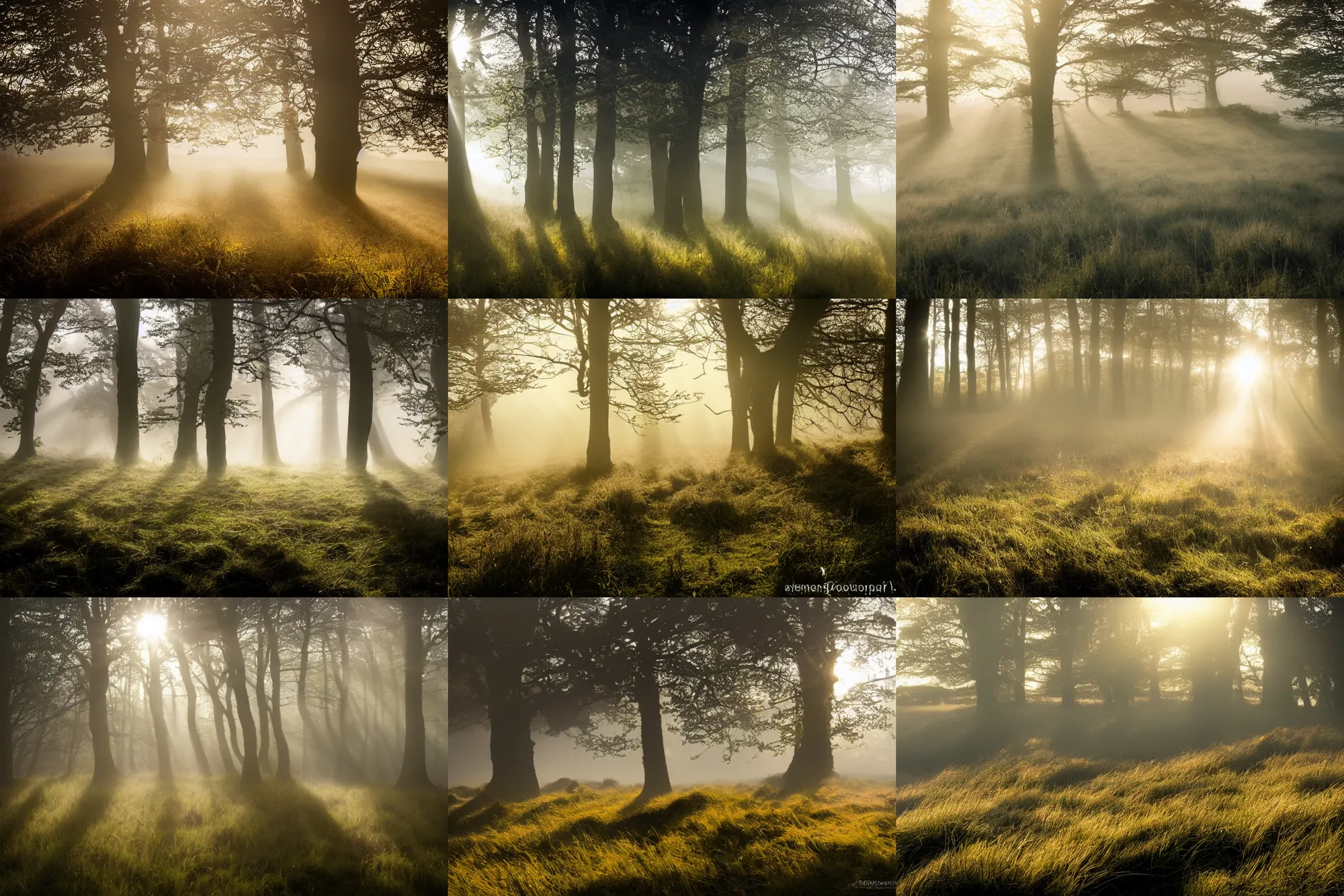 Prompt: beautiful landscape photography of ashdown forest, misty morning in summer, sun rays, lpoty, award winning