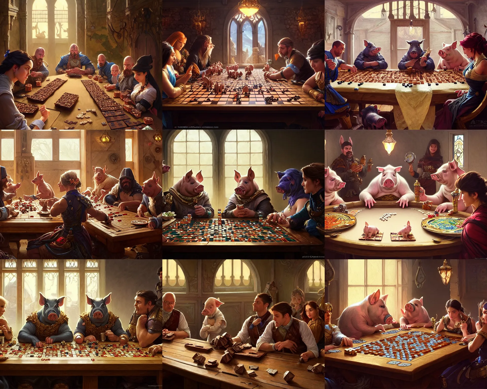 Prompt: film still, several pigs sit at table playing domino, deep focus, d & d, fantasy, intricate, elegant, highly detailed, digital painting, artstation, concept art, matte, sharp focus, illustration, hearthstone, art by artgerm and greg rutkowski and alphonse mucha.