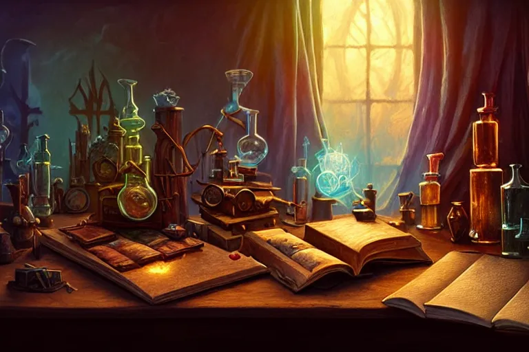 Prompt: cluttered, wood table, spell book, wizards laboratory, tony sart, window, mortar, pestle, glowing powder, compass, alembic, streams of flowing light, beakers of colored liquid, greg rutkowski