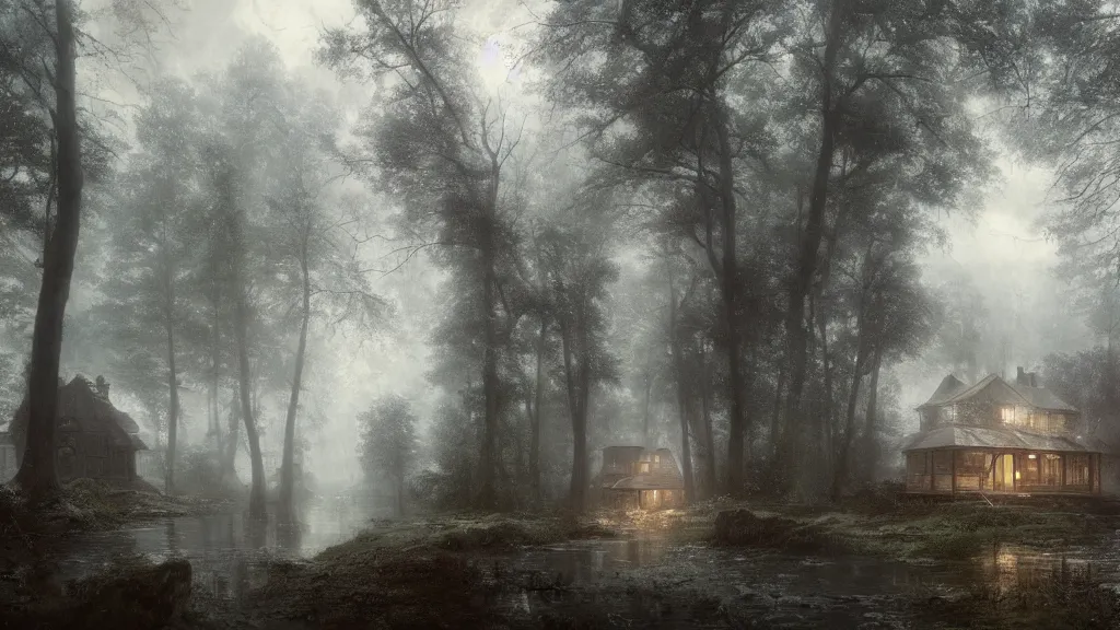 Prompt: [ a cabin in the woods, raining ] andreas achenbach, artgerm, mikko lagerstedt, zack snyder, tokujin yoshioka