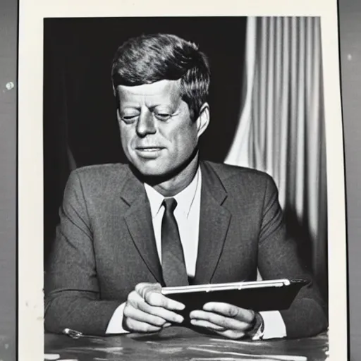 Prompt: 1 9 7 0 s vintage photograph of john f kennedy using an ipad, very detailed, very intricate,