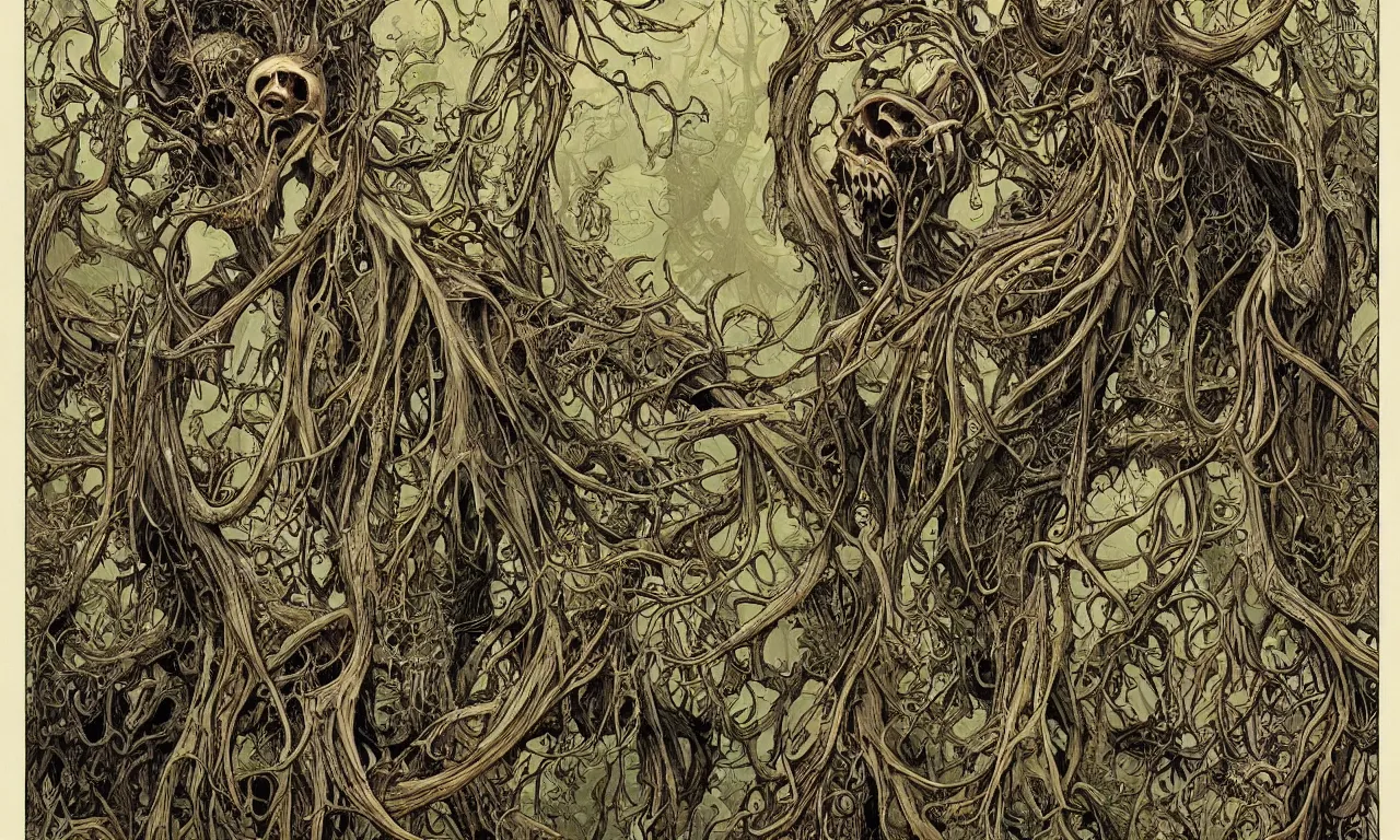 Image similar to hyperdetailed art nouveau portrait of treebeard as a cthulhu eyeball moose skull wendigo cryptid monster, by geof darrow, simon bisley and bill sienkiewicz, grim yet sparkling atmosphere, photorealism, claws, skeleton, antlers, fangs, forest, wild, bizarre, scary, lynn varley, lovern kindzierski, steve oliff