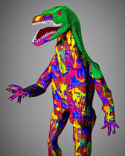 Image similar to a humanoid dinosaur wearing 1980s clothing