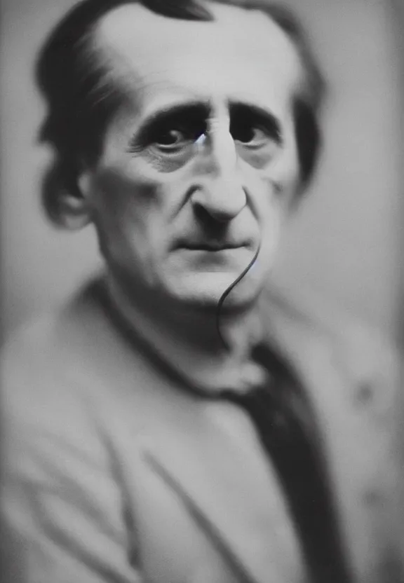 Image similar to a close - up casual photo of marcel duchamp with pensive eyes, 1 9 2 0 s monochrome snapshot, graflex 4 x 5, f 1. 8, 3 5 mm, ilford delta 3 2 0 0 pro