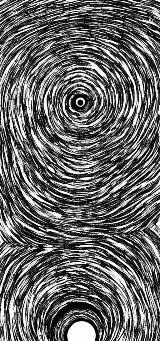 Image similar to A black hole with event horizon in the center with space around it, high detail, Junji Ito