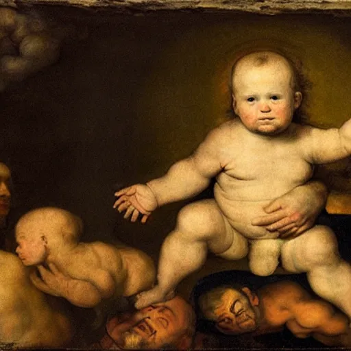 Prompt: gargantuan stoned baby, searching for munchies, in new york city, eating skyscraper, evil, 8 k, in the style of rembrandt, on the ceiling of the sistine chapel, photograph
