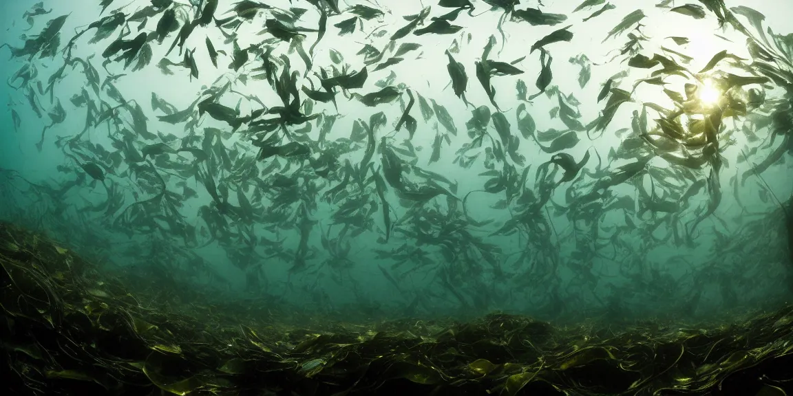 Image similar to Towering kelp forest off the coast of La Jolla Bay, giant kelp in large amounts standing upright, Garibaldi, California Sheephead, Sargo, Leopard sharks swimming in between the kelp. View from below, underwater photography. Afternoon glow, June 19th. Trending on Artstation, deviantart, worth1000. By Greg Rutkowski. National Geographic and iNaturalist HD photographs
