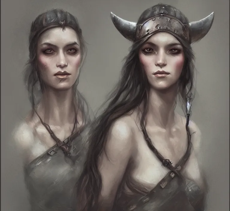 Prompt: a rugged female viking in the style of tom bagshaw