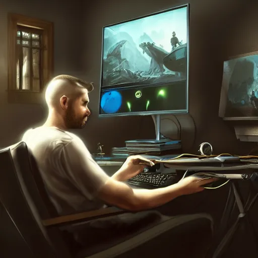 Prompt: realistic man using pc in gaming room, artstation trends, sci fi concept art, highly detailed, intricate, sharp focus, digital art, 8 k