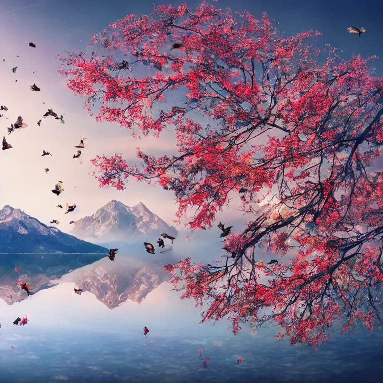 Image similar to a beautiful awesome artistic tree with falling flowers like leaves and many birds, all in the amazing outdoors view, mountain in the background, lake, long exposure, 8 k resolution, trending on artstation