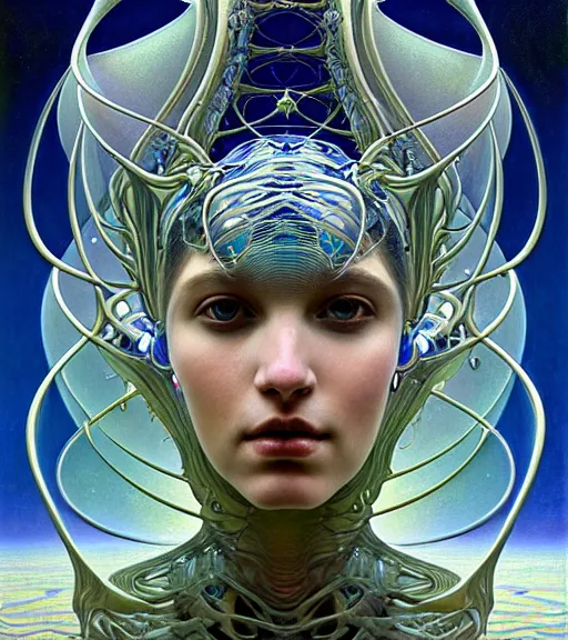 Prompt: detailed realistic beautiful young cyberpunk queen of andromeda galaxy in full regal attire. face portrait. art nouveau, symbolist, visionary, baroque, giant fractal details. horizontal symmetry by zdzisław beksinski, iris van herpen, raymond swanland and alphonse mucha. highly detailed, hyper - real, beautiful