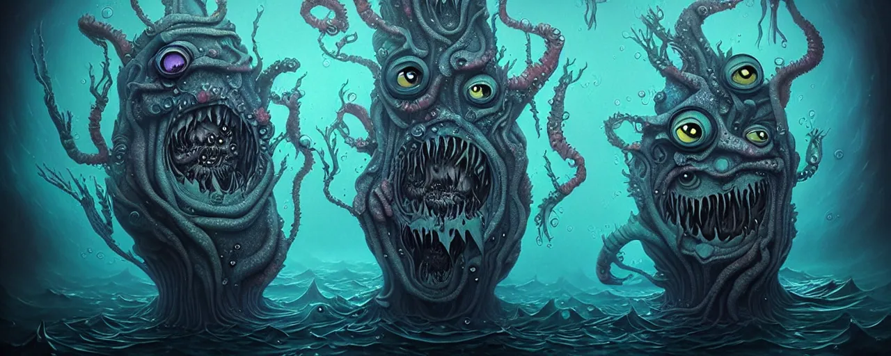 Prompt: whimsical watery alchemical monsters, surreal dark uncanny painting by ronny khalil