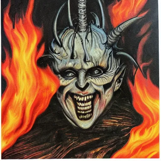 Image similar to ellen degeneres as the devil, pure evil, demonic background, surrounded by flames painted by hr giger, francisco goya, francis bacon, trending on artnet