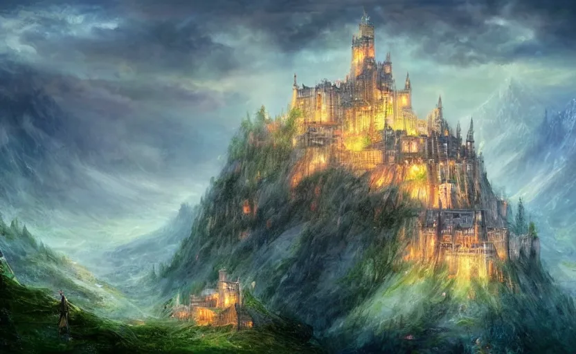 Prompt: beautiful secret city of the elves gondolin on top of a mountain, magical gloomy mystical. by konstantin razumov, fractal flame, chiaroscuro, highly detailded