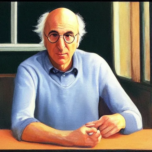 Prompt: larry david sitting on a bagel, edward hopper painting