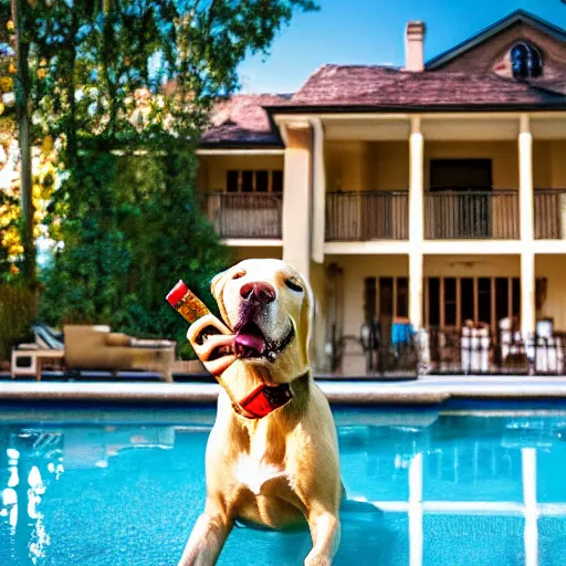 Image similar to a very detailed photo of a dog ( smoking a cigar ) outside the mansion by the pool