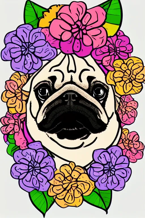 Image similar to portrait of a flower pug, art by milka oxana, sticker, colorful, illustration, highly detailed, simple, smooth and clean vector curves, no jagged lines, vector art, smooth